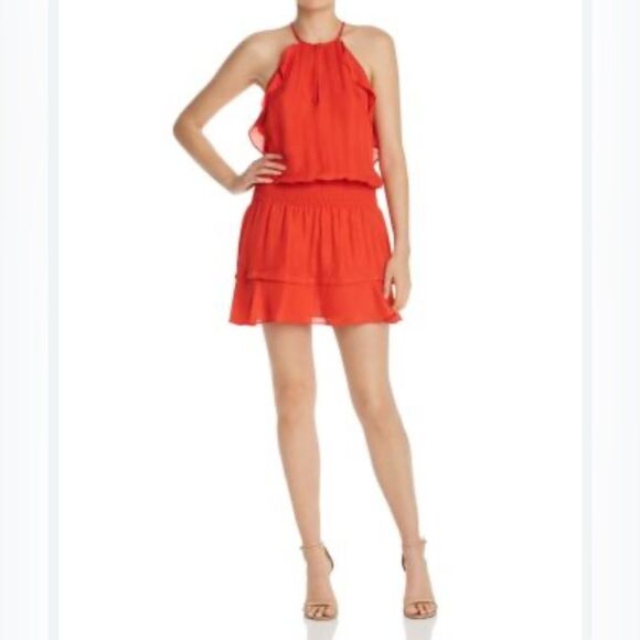 Parker Orange Halter Sundress Mini 100% silk smocked waist - Picture 1 of 6